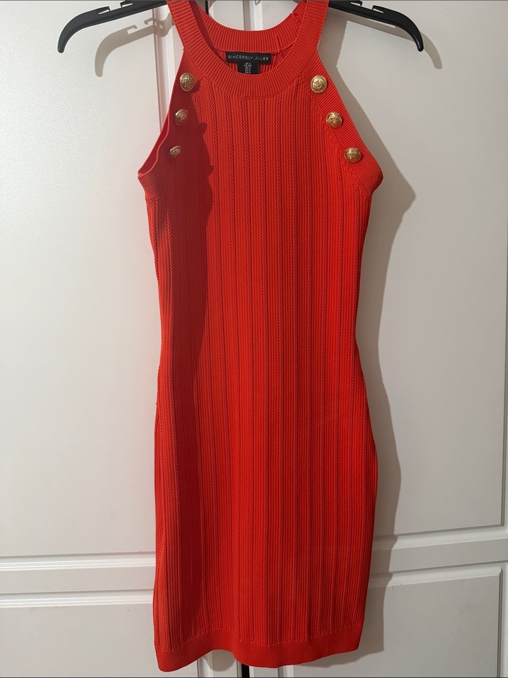 Sincerly Jules Red Ribbed Sleeveless Mini Dress with Gold Buttons